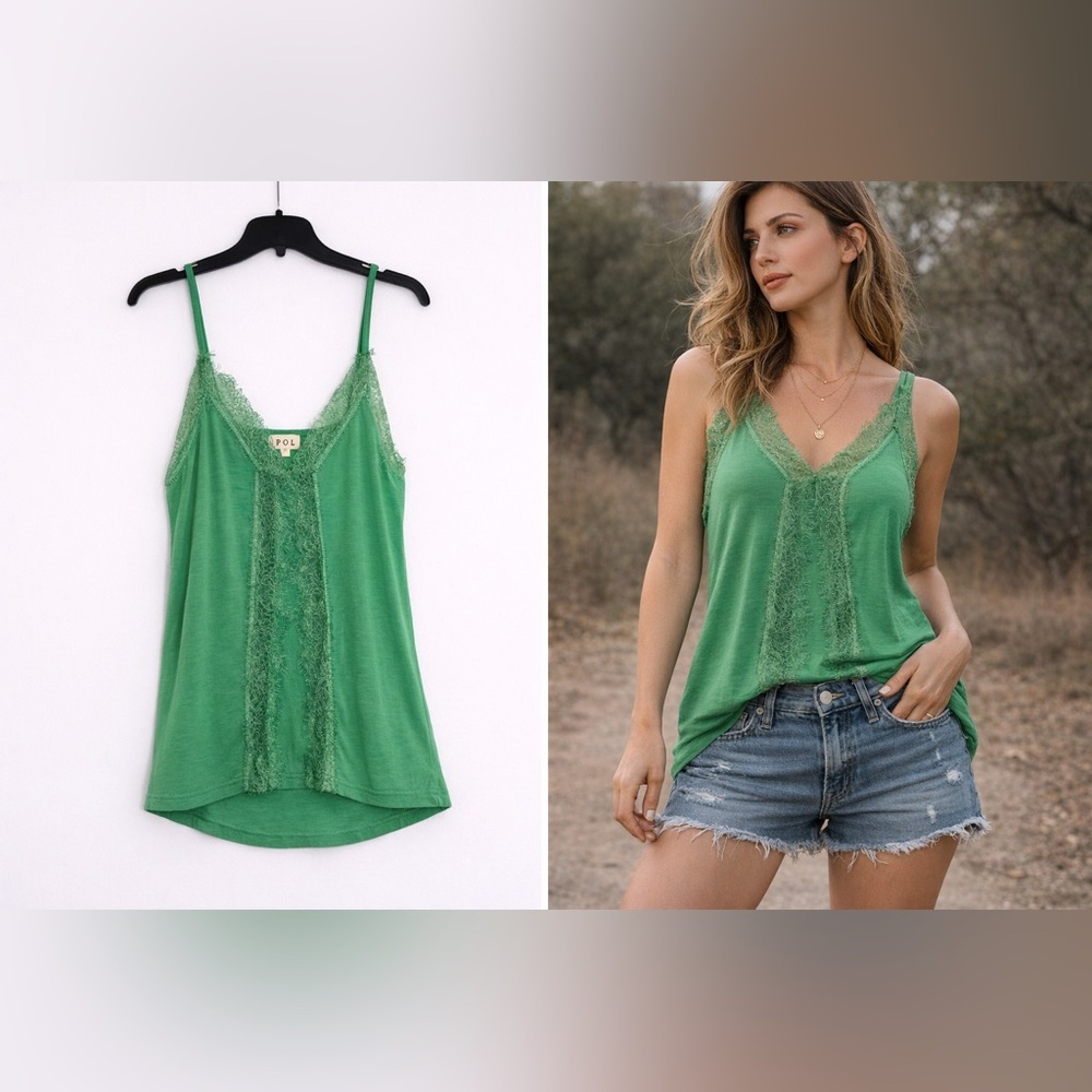 POL Green Lace Trim Tank Small Boho Flowy Drapey Casual Festival Camisole - Picture 11 of 11